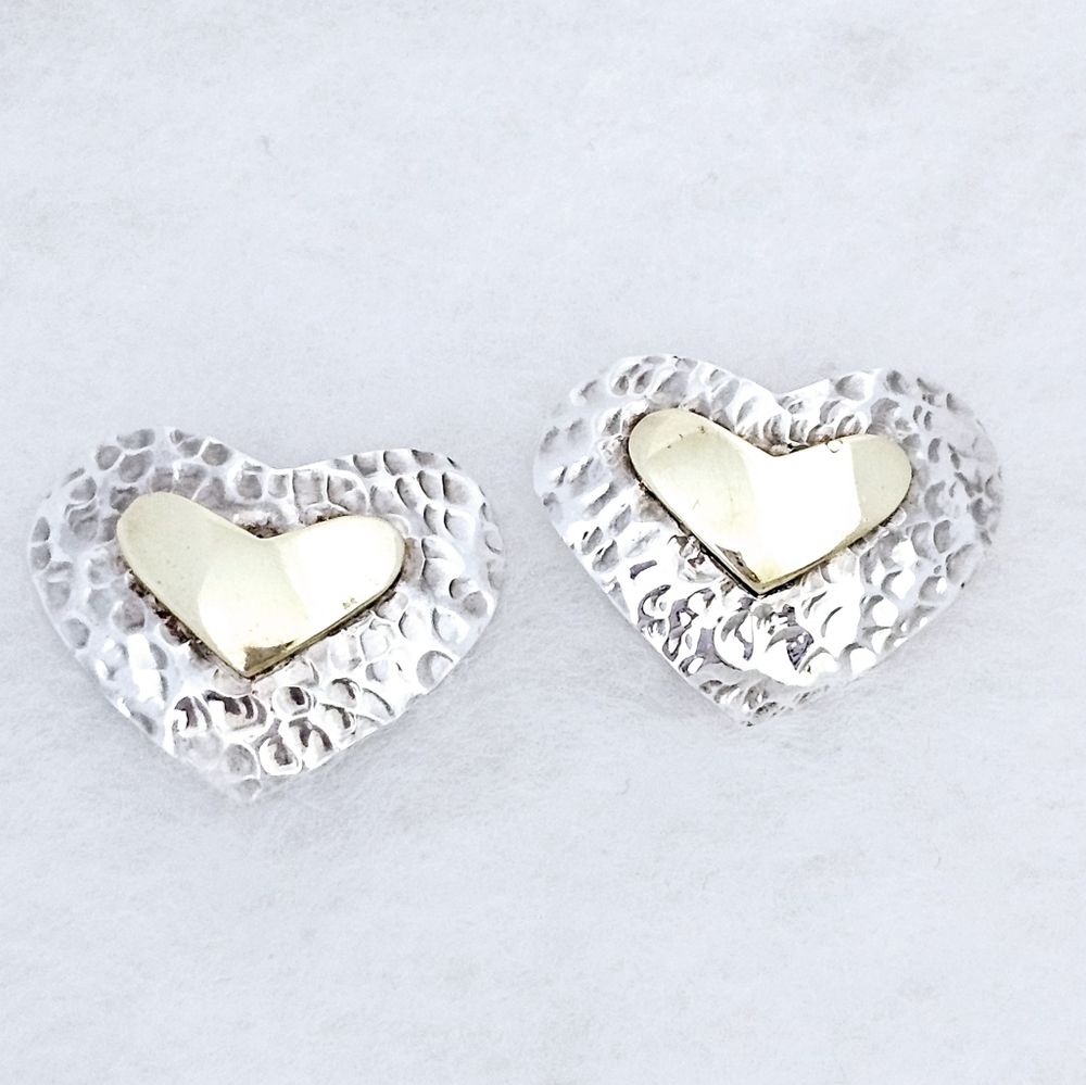 Very Rare Silpada Sterling Silver Brass Heart Hammered Earrings Posts XP165